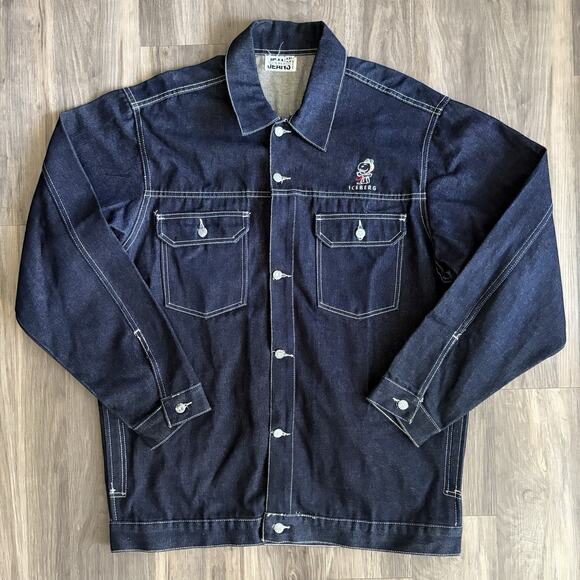 Vintage Iceberg Jeans Denim Jacket Snoopy Peanuts Size XXL Dark Blue NOS NWOT - Picture 1 of 5